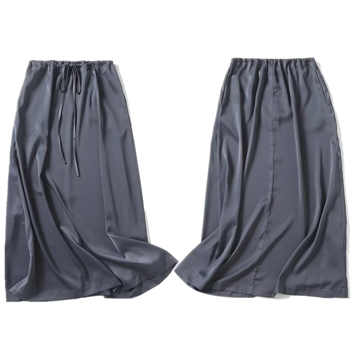 Dave&Di Minimalism Ladies Viscose Drawstring Skirt Women Dark Grey Color Fashion Elegant Satin Midi Skirt Women