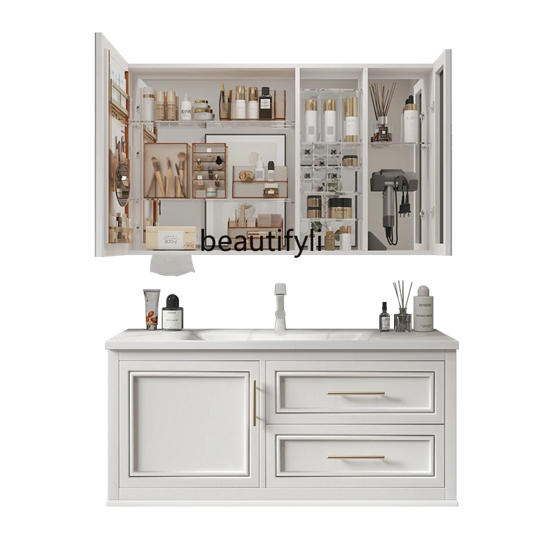 

Stone Plate Hot Bending Whole Washbin Bathroom Cabinet Modern Washstand Multi-Functional Socket Mirror Cabinet Combination