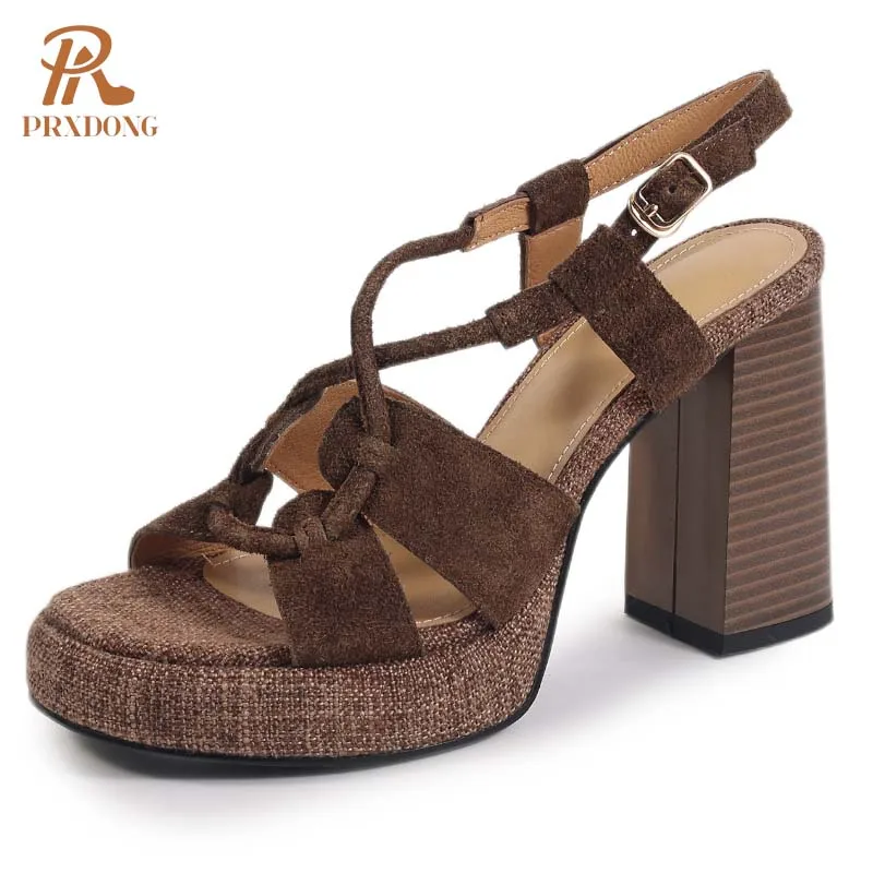 

PRXDONG Women's Shoes 2025 New Retro Genuine leather CHunky HIgh Heels Platform Black Brown Dress Party Female Sandals Size 39