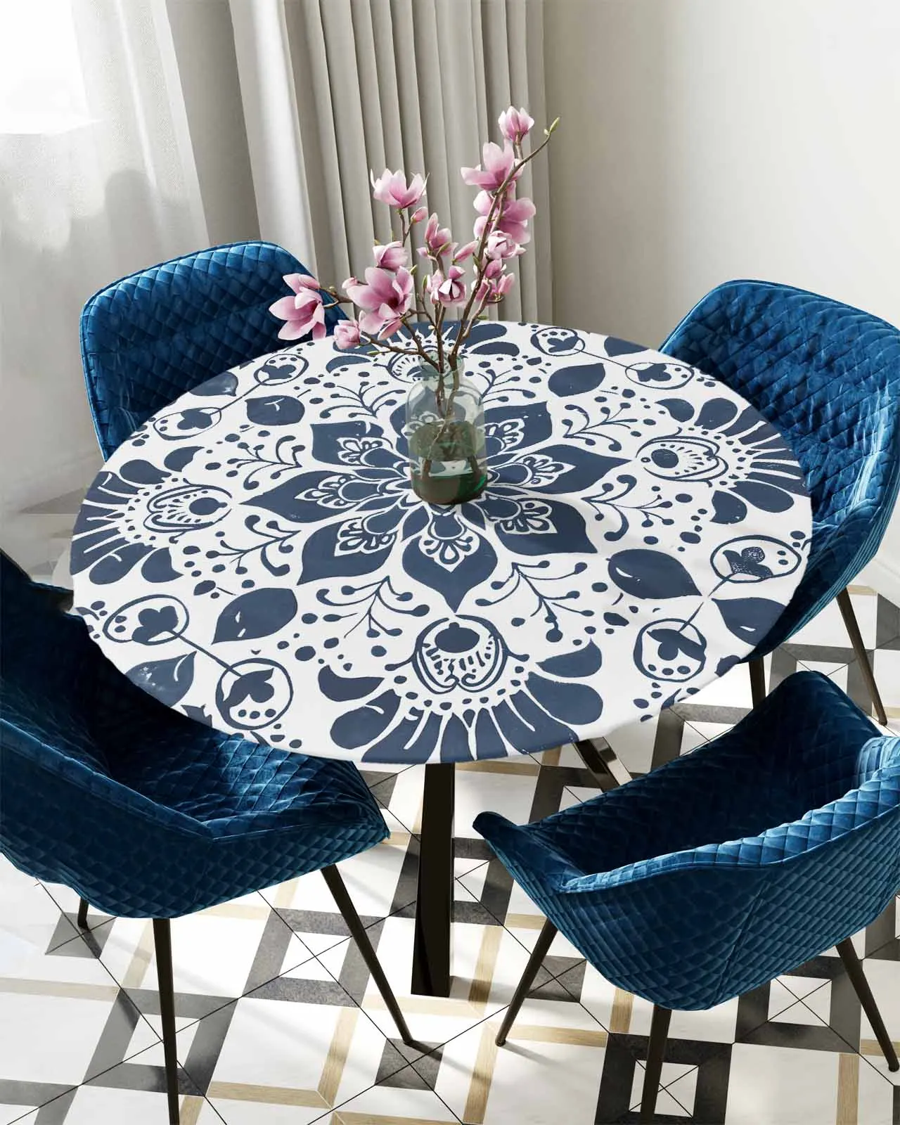 

Leaf Flower Pattern Mandala Decorative Element Round Elastic Edged Table Cover Protector Cloth Waterproof Fitted Tablecloth