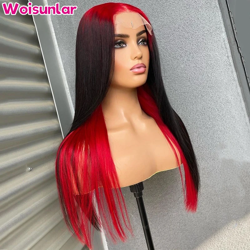 Red Ombre Highlight Colored Straight Lace Front Human Hair Wigs Red Black 13X4 transparent Lace Front Wig Remy Brazilian hair