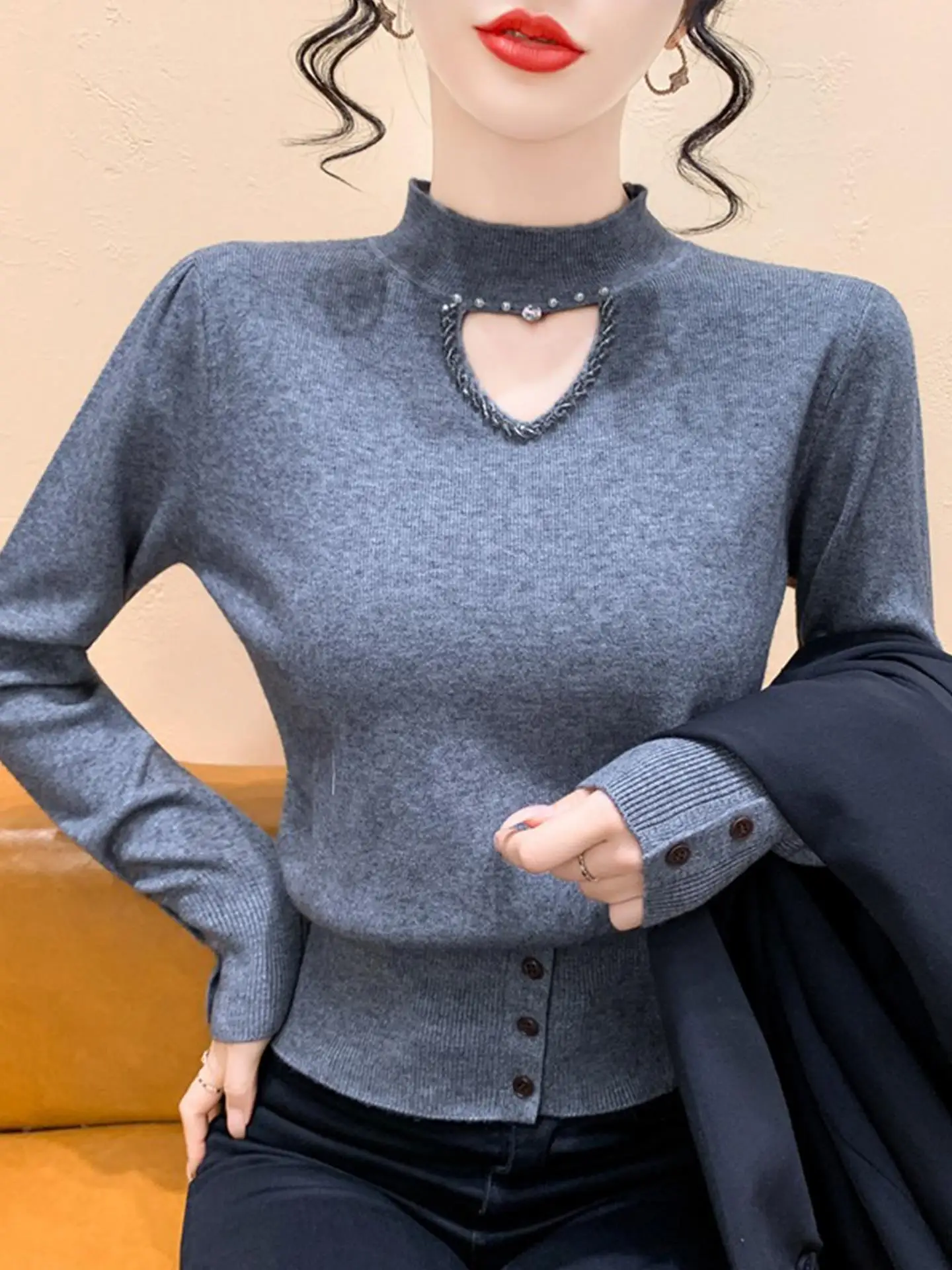 Ele Hollow out Long Sve Knitted Sweater Women's Slim Fit High Collar Heavy Embroidery Autumn Winter New Sle Base irt