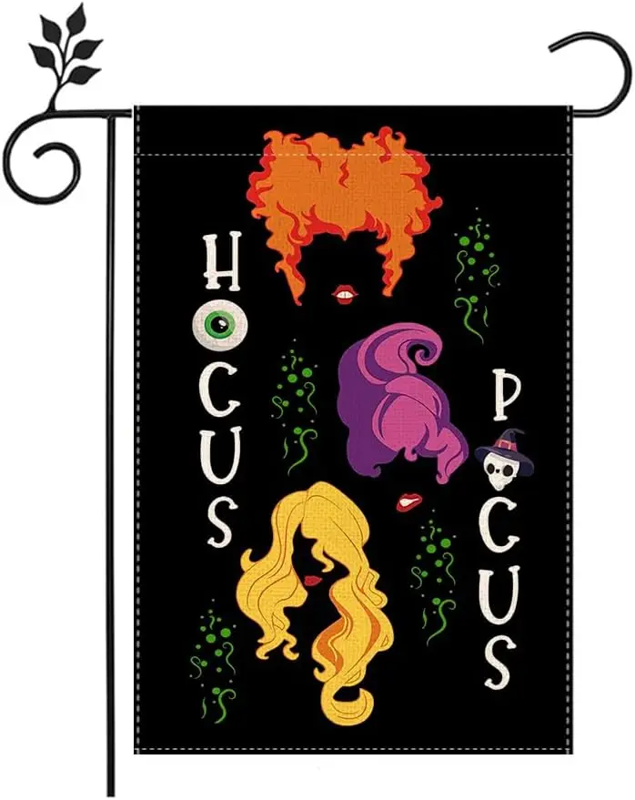 علم حديقة Hocus Pocus للهالوين، صورة ظلية ساحرة سوداء، علم مهرجان الحديقة المزخرف في الهواء الطلق، ديكور موسمي للهالوين FFI #1