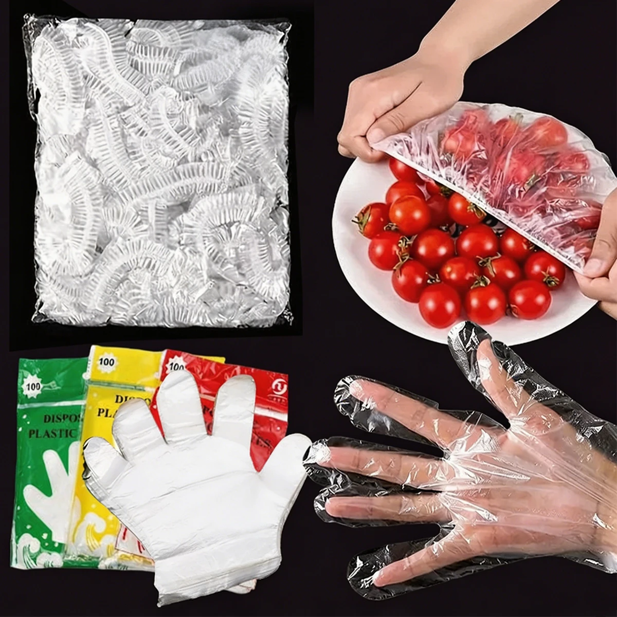 200/400/600Pcs Disposable Transparent Gloves+Food Cover Fresh-keeping Plastic Bag Set for Fruit  Kitchen Storage  Accessories