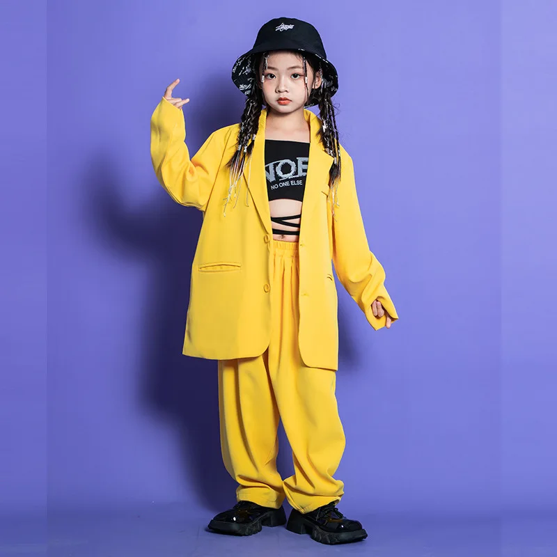 Girls Hip Hop Clothing Yellow Blazer Tops for Kids Streetwear Boys Jazz Dance Costume Clothes