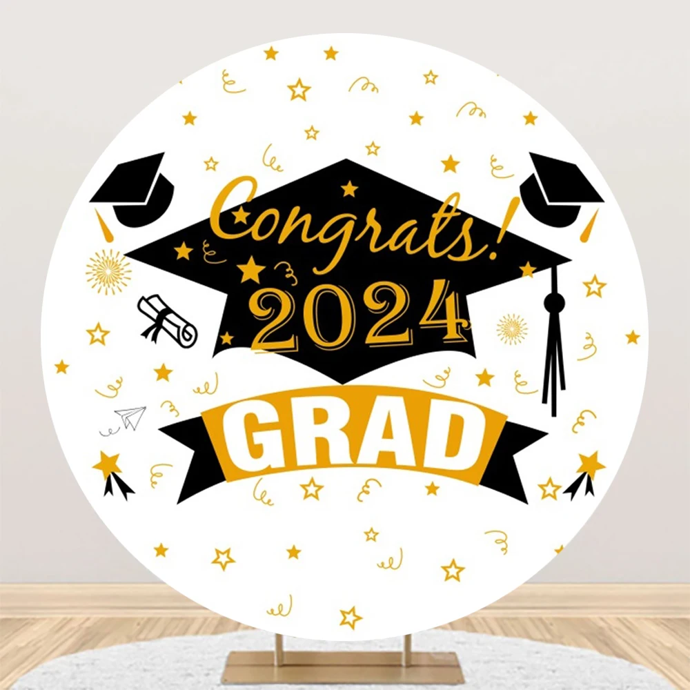 Congrats Grad Round Backdrop Cover Bachelor Cap Gold Glitter Dot Decoration Graduation Class Party Circle Photography Background