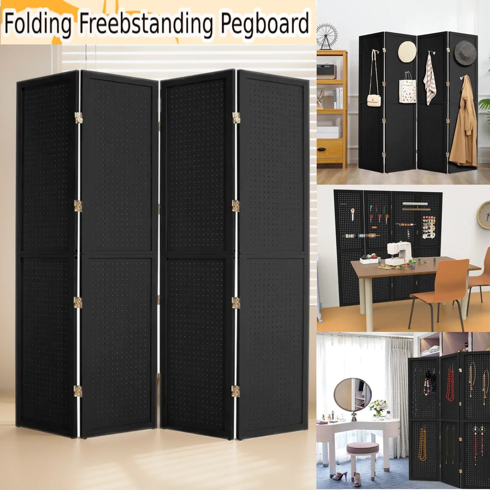 Multi Functional 4 Panel Folding Wooden Pegboard Display Room Divider for Jewelry Crafts and Retail Organization