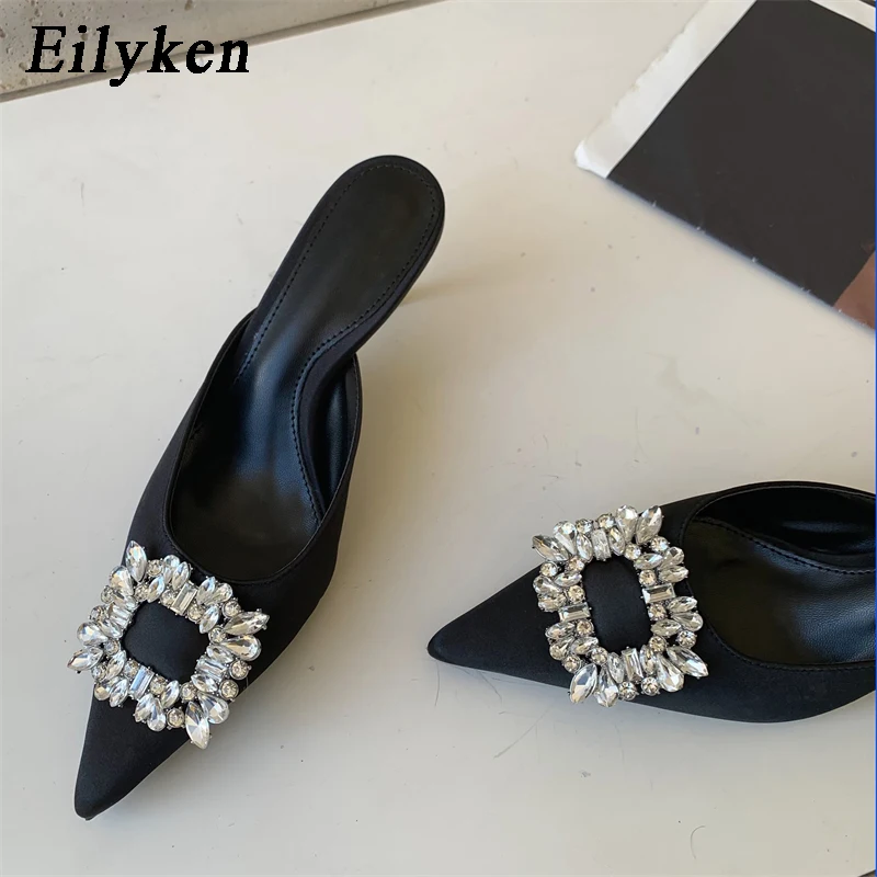 Eilyken 2024 New Autumn Metal Decoration Crystal Silk Slippers Women  Pointed Toe Stripper High Heels 6CM Party Prom Lady Shoes