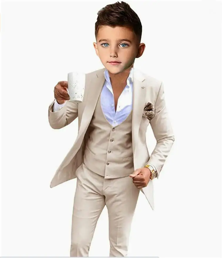 

Casual Beige Boys Suit 3 Pieces Notched Lapel Wedding Tuxedo Fashion 2-16 Years Old Custom Kids Suits