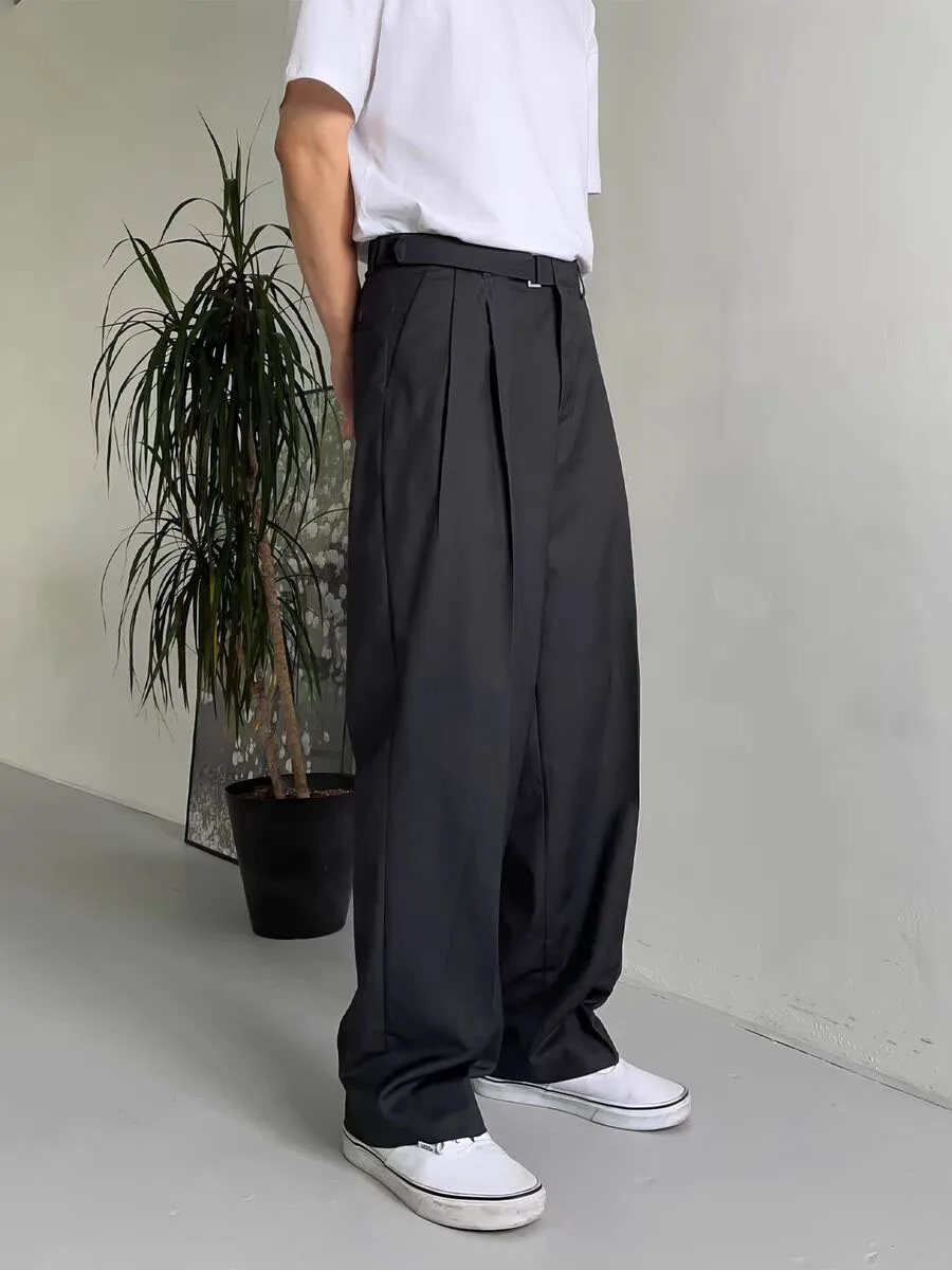 ルーズストレートレッグメンズワークウェアパンツパリバックルデザインカジュアルスーツパンツ若々しい活力スタイルオールシーズンベーシックカラー