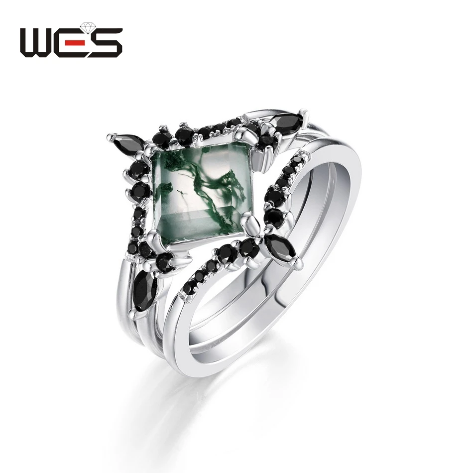 

WES 925 Sterling Silver Moss Agate Rings for Women Natural Gemstone 7*7mm Party Anniversary Jewelry Fashion Band Wholesale Gift