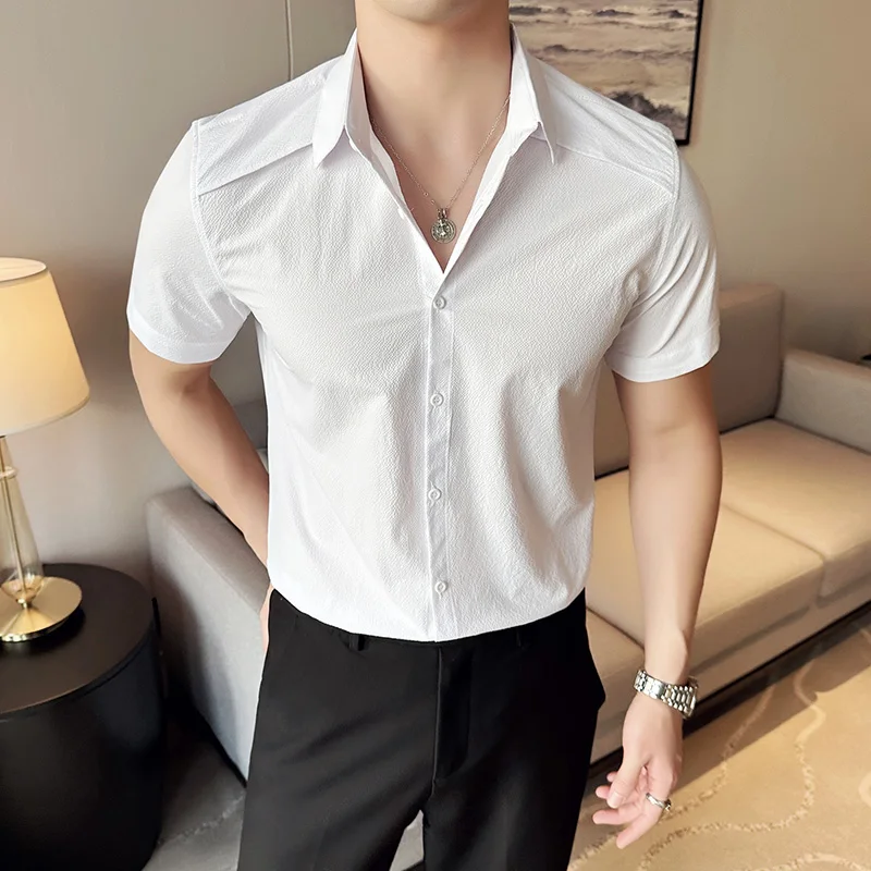 British Style Casual Shirt for Men Summer Short Sleeve Fashion Solid Color Slim Fit Business Dress Shirts Social Office Clothing