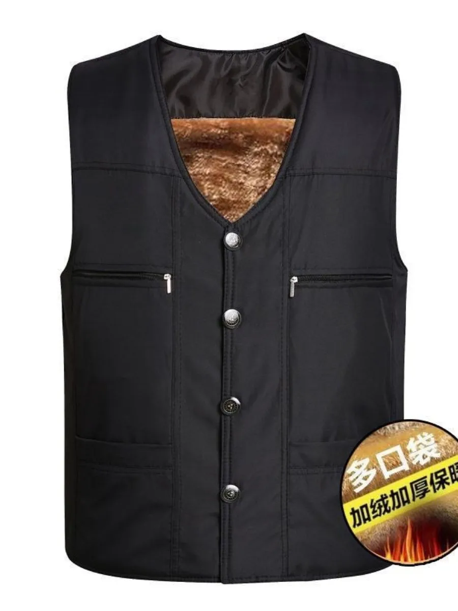 

Утепленный мужской жилет на флисовой подкладке, большой размер, зимний, теплый, с множеством карманов, для мужчин среднего и пожилого возраста