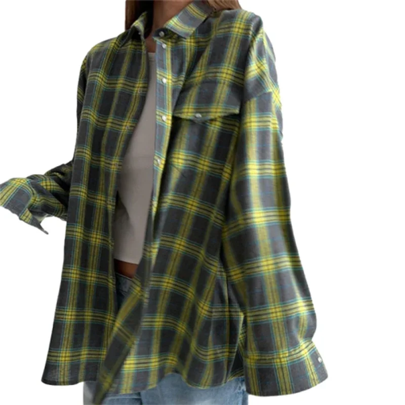 Autumn Elegant Gingham Print Women Commuter Shirt Lapel Single-breasted Cardigan Loose Blouse Female Double Pocket Patchwor Tops