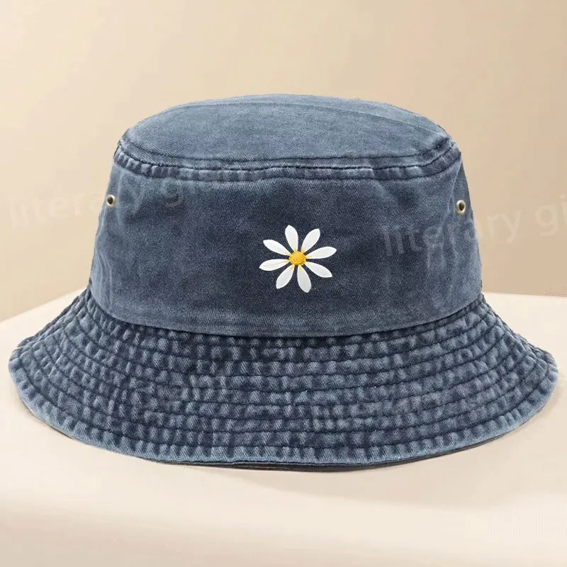 Style 1: Japanese-style Daisy Floral Washed Bucket Hat, Foldable Distressed Fishing Hat, Unisex Outdoor Product, Suitable for Da