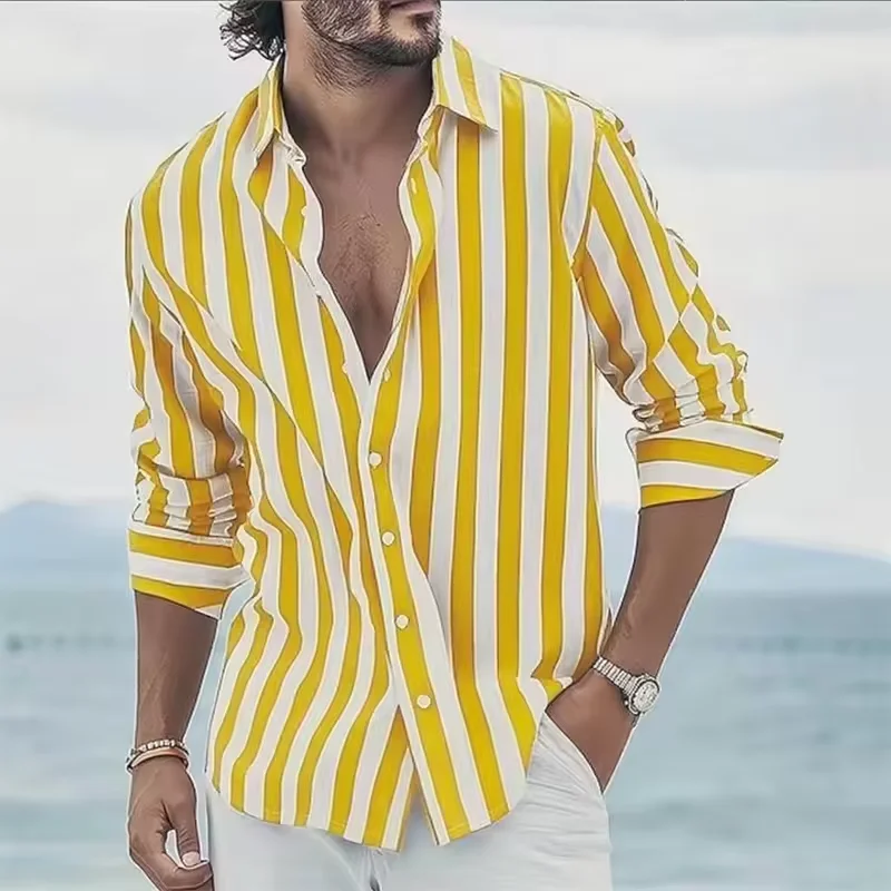 2025 new men's long-sleeve blue striped printed shirt, elegant classic stylish top for men's social high-end Hawaiian style.