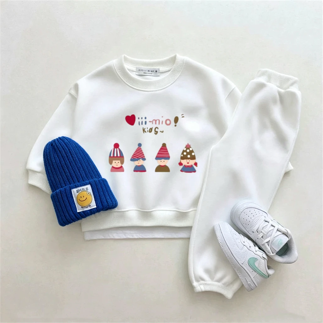 Pink White Suits Cartoon Sweatshirts+Pants Two Piece Set Kids Autumn Costume Printing Hoodie Solid Color Versatile Pants 2pcs