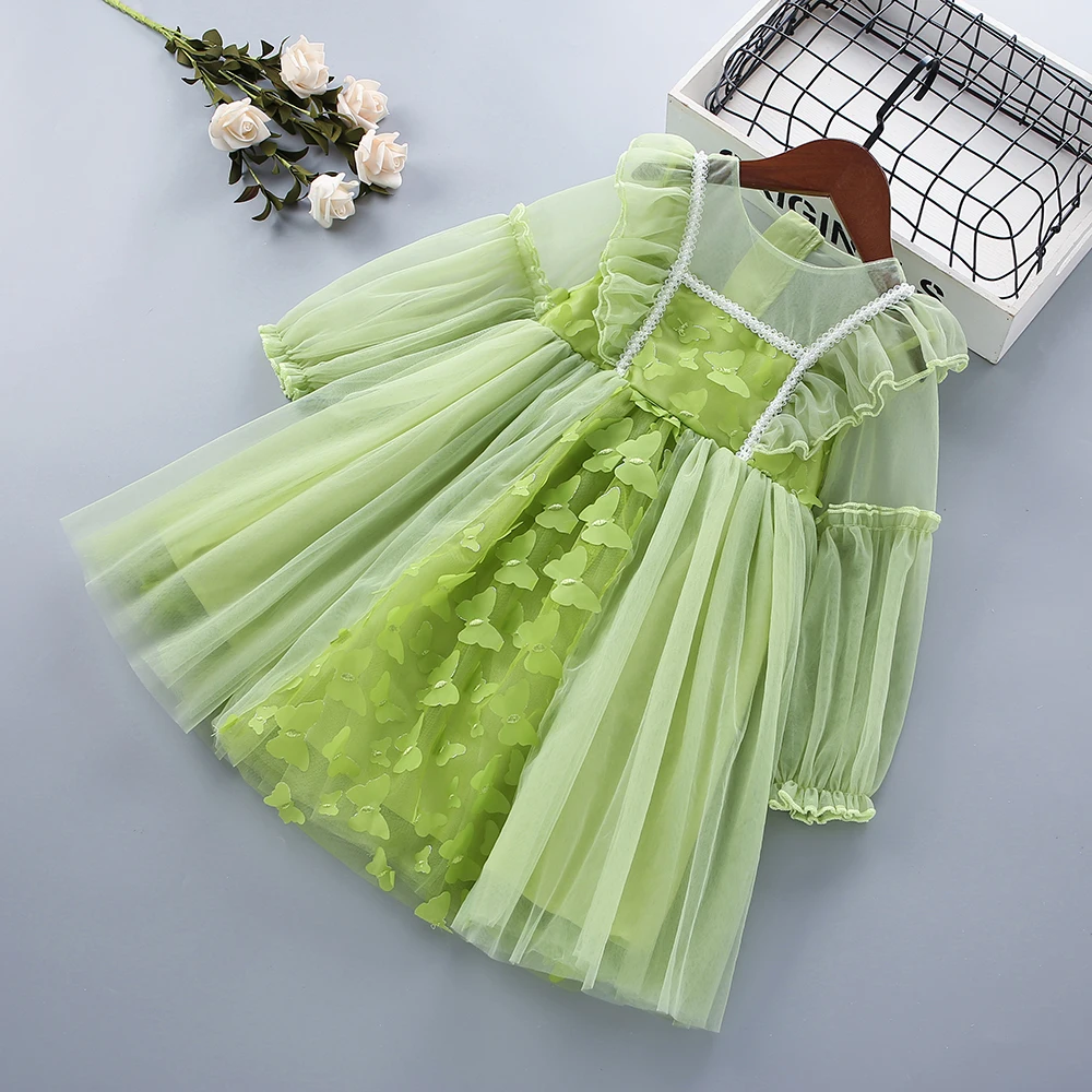 2-7 Years High Quality Spring Autumn Girl Dress New Lace Chiffon Floral Draped Ruched Kid Children Clothing Girl Princess Dress