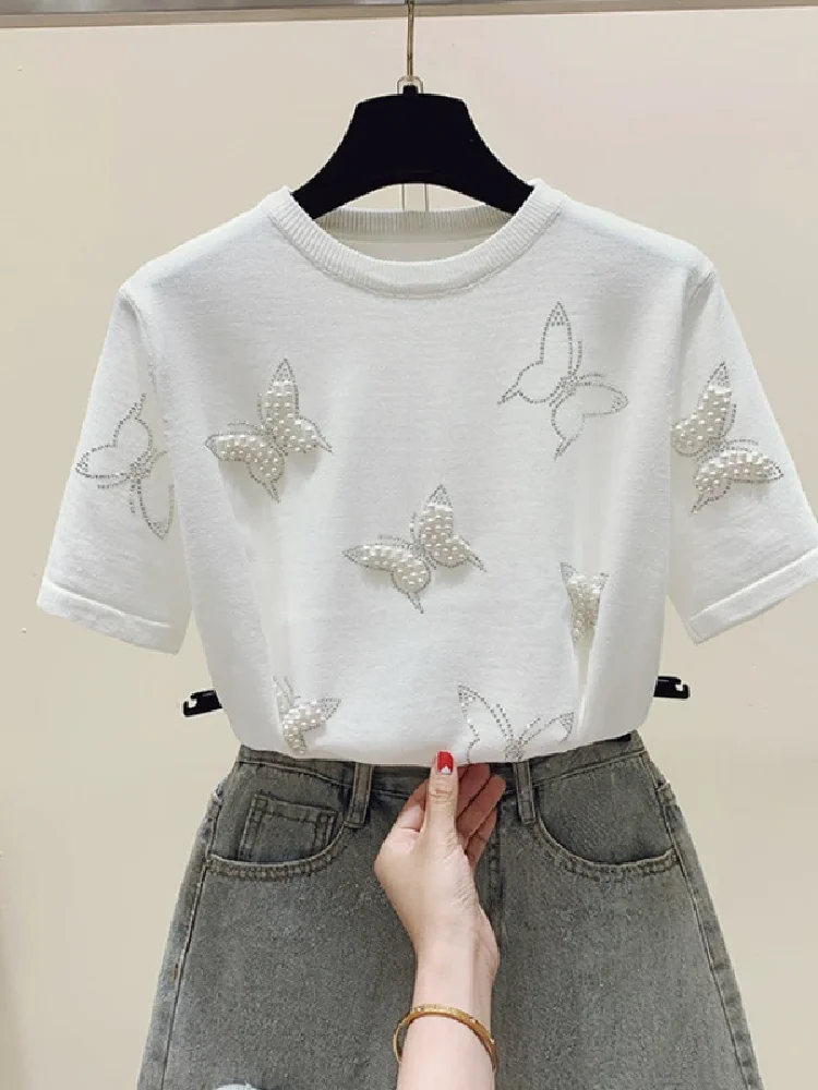 T-Shirts Women Casual Knitted Beading Solid All-match Korean Fashion Popular Streetwear Summer Short-sleeved Tops Harajuku Ins
