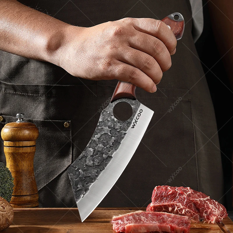 Professional Stainless Steel Boning Knife Handmade Forged Kitchen Meat Cleaver Wooden Handle for BBQ Meat Cooking with Cover