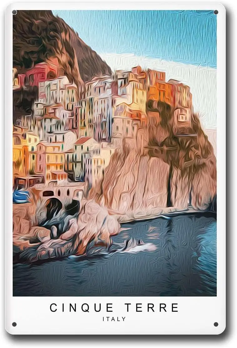Aluminum Signs Cinque Terre Italian Riviera Coastline WatercolorBar and Restaurant Decoration  Tin Sign