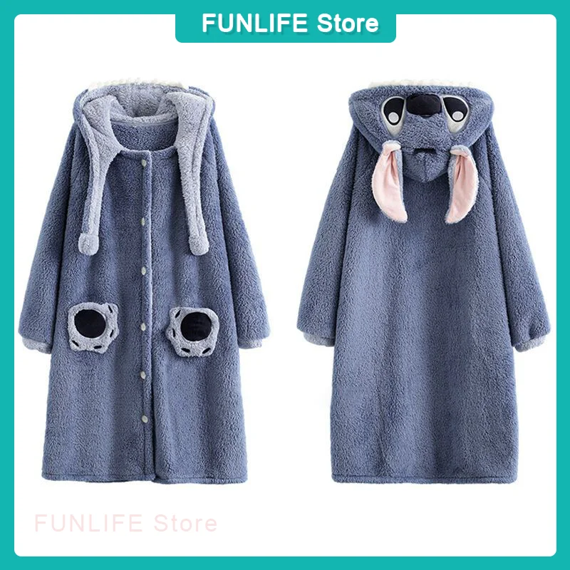 Cartoon Stitch Coral Fleece Sleepwear Pajamas Women Winter Thick Plush Bathrobe Couples Hooded Long Nightgown Home Wear Clothing