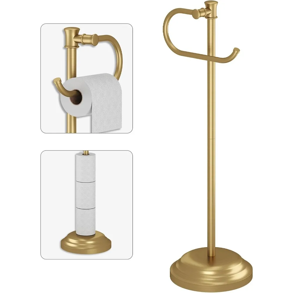 

Отдельно стоящий держатель для туалетной бумаги с местом для хранения и вешалкой для полотенец из матовой золотой нержавеющей стали