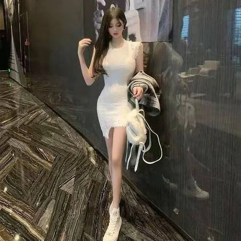 ノースリーブドレス女性ニットエレガントスリムミニセクシーなタッセル固体ファッションカジュアル Платье オルシック甘い素敵な女性