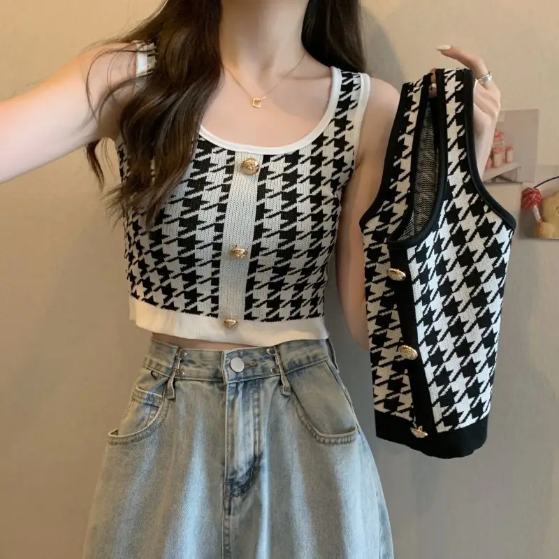 Houndstooth Camis Fashion Buttons Summer All-match Patchwork Slim Square Collar Tank Top Women Clothing Trend Sexy Top Tee