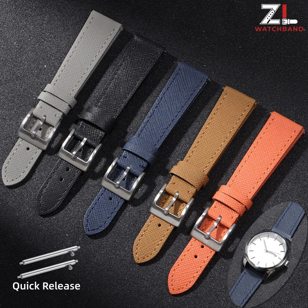 Bracelet de montre vintage en cuir cousu 18mm 20mm 22mm, bracelet en cuir Saffiano de qualité supérieure à dégagement rapide pour hommes et femmes