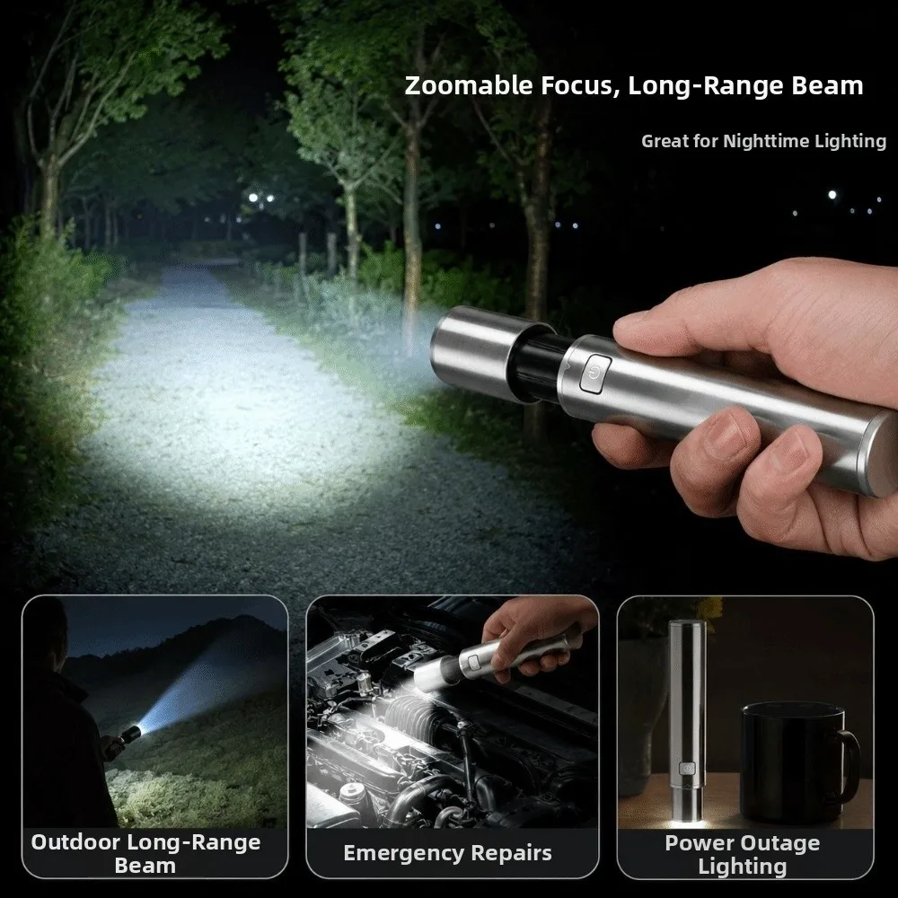 Super Bright Telescopic Zoom Flashlight Rechargeable Stainless Steel White Laser Flashlight Multifunctional Waterproof