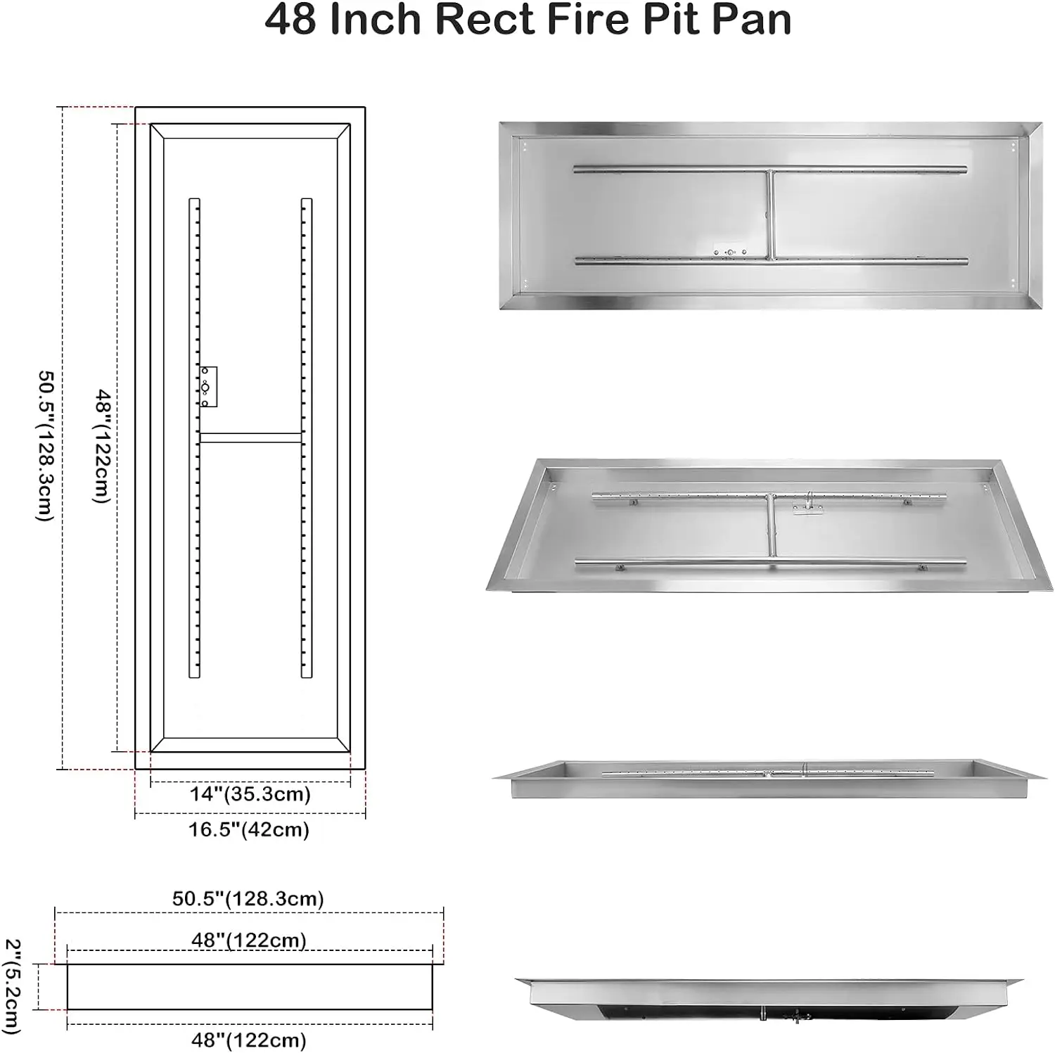 48 inch Rectangular Drop-in Fire Pit Pan with Spark Ignition Kit Natural Gas Version, Rated for up to 185,000 BTU Max