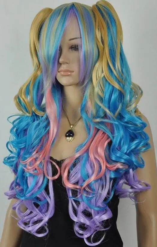 NEW Gothic Lolita Wig + 2 Pig Tails Set Pastel Rainbow Mix Blend Cosplay