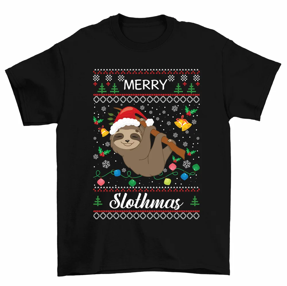 Рождественская футболка с надписью Merry Slothmas для мужчин и женщин, унисекс, высокое качество, 100% хлопок, короткий рукав