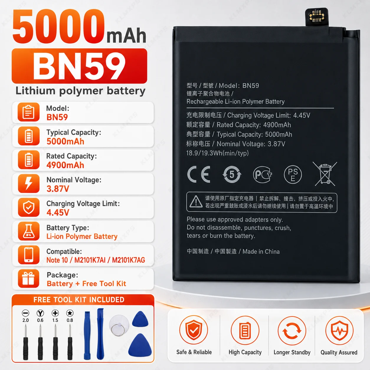 High Capacity BN59 5000mAh Replacement Battery for Xiaomi Redmi Note 10 Note 10S Note 10 Pro Long Lasting Power