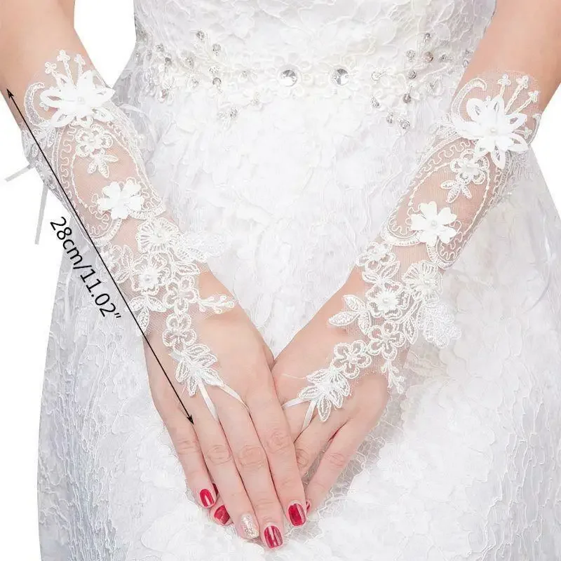 

Lace Fingerless Gloves Faux Pearl Floral Applique Bowknot Mittens Wedding Boho