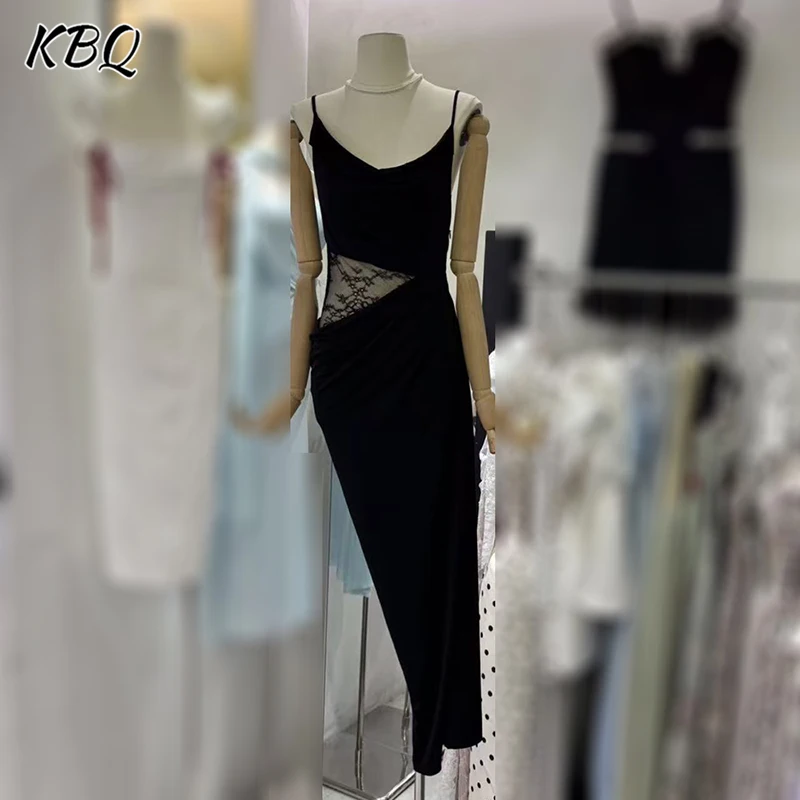 

KBQ Solid Lace Slimming Backless Dresses for Women Square Collar Sleeveless High Waist Temperament Dress Female Fashion Style
