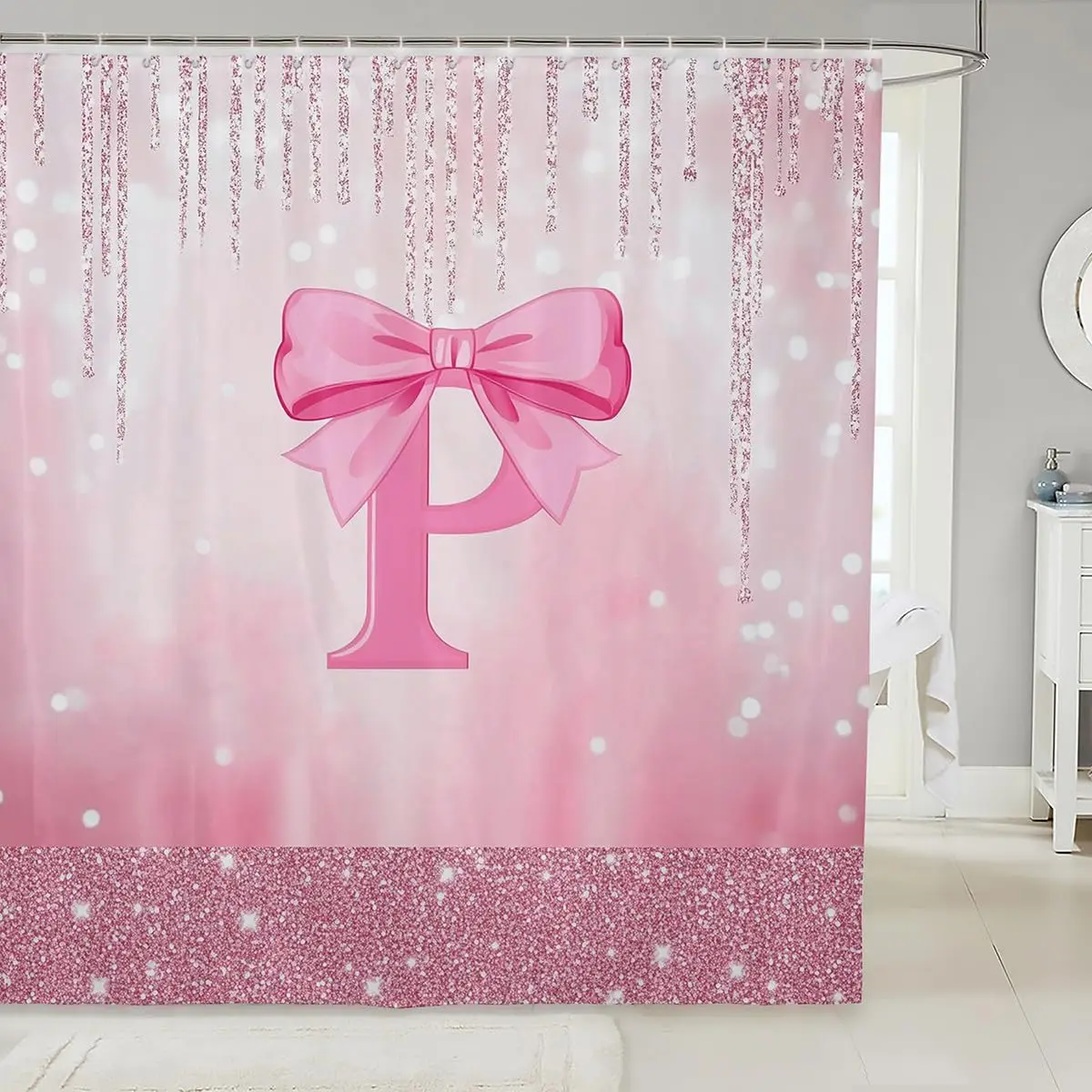 

Pink Glitter Bow Letter P Shower Curtain With Sparkle Background For Cute Kids Bathroom