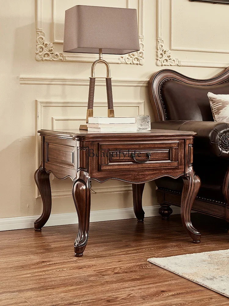 

09 All Solid Wood Black American Style Corner Table with Drawers Storage Square Table Living Room Furniture