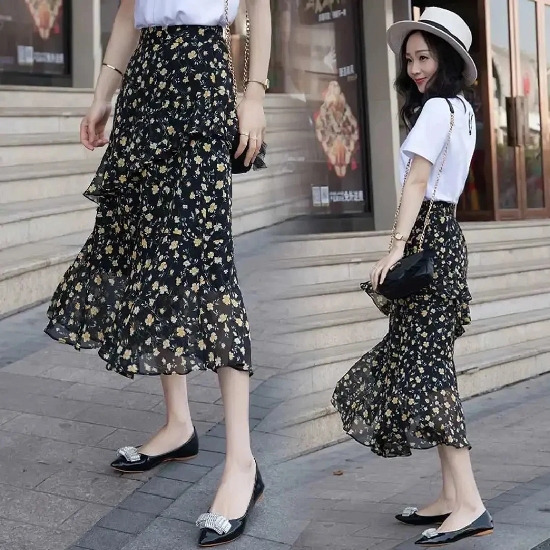Spring Summer Floral Chiffon Skirt High Waist Slim A-Line Midi Skirt Asymmetrical Hem Korean Style Commute Polyester Fiber