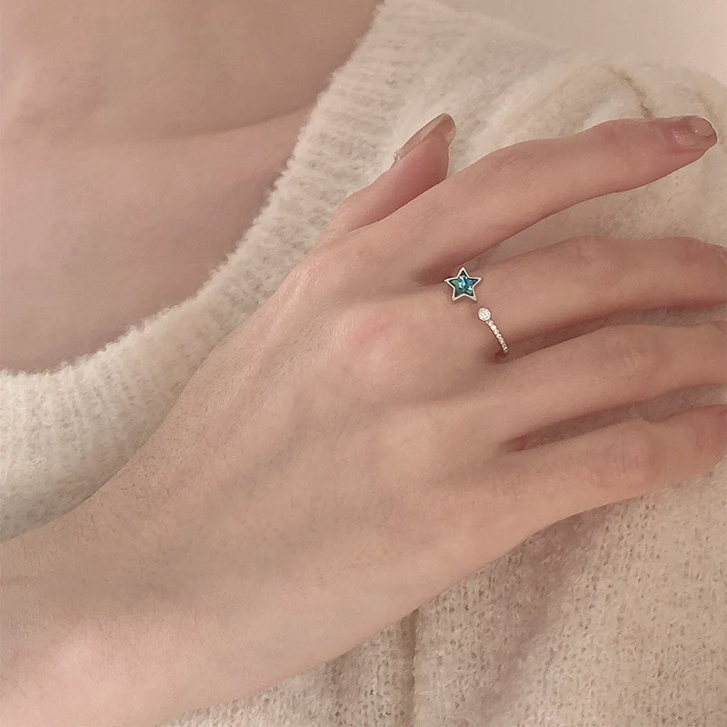 S925 Sterling Silver Version Fashionable Deep Sea Blue Pentagram Diamond Ring for Women Jewelry Gifts