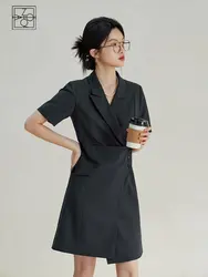 ZIQIAO 【Long Short Dress】Women Grey Summer Knee-Length Suit Dress Notched Collar Front Shoulder Office Lady Twill Dresses