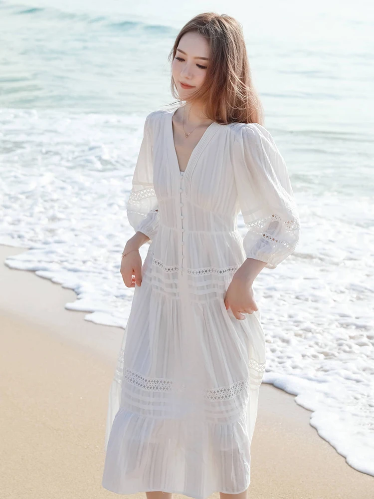 GypsyLady French Chic Elegant Midi Dress Hollow Out Tiered Cotton White Autumn Spring Holiday Women Ladies Dresses Vestidos New