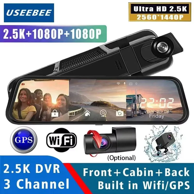 10 Inch 3 Channel 2.5K Car DVR WIFI GPS Three Way Dash Cam Car Camera Dashcam Stream RearView Mirror Black Box Drive Recorder