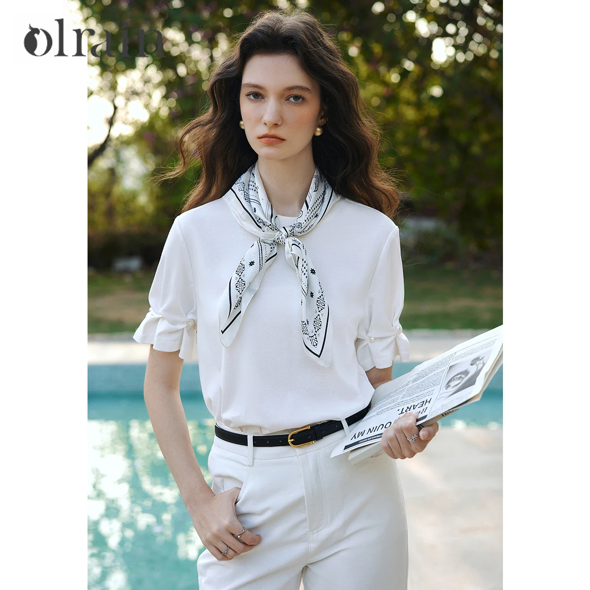 OLrain Women's White T-shirt Ribbed Round Neck Design Pleated Cuffs Short Sleeve Tee 2026 Summer Daily Outfit Top O58XT005918