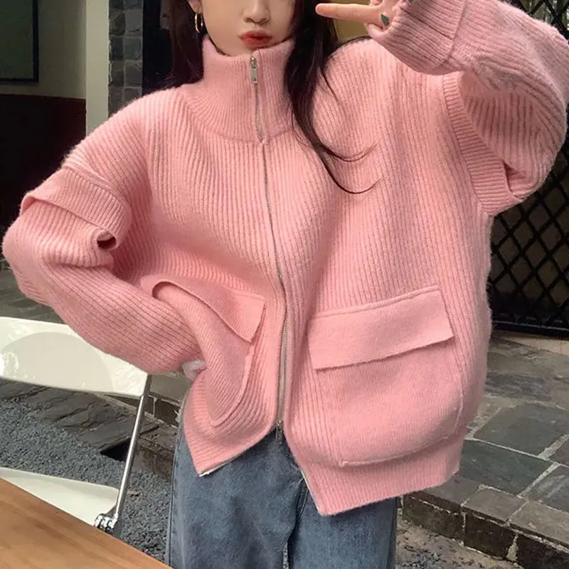 Korean Solid Color Loose Knitted Cardigan Female Clothing Letter Casual Autumn Winter Turtleneck Basic Fashion Zipper Sweaters