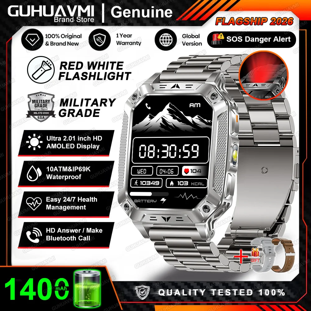 2026 Nieuwe Ingebouwde 1400mAh Supergrote Batterij Heren Smartwatch Outdoor GPS 2.01" AMOLED Scherm 10ATM Waterdicht BT Oproep Smartwatch