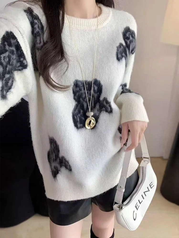 

Autumn Winter Women's round Ne Knitted Sweater Woolen Embroidery Loose plus Size Color Blo Warm Base irt Casual Sle