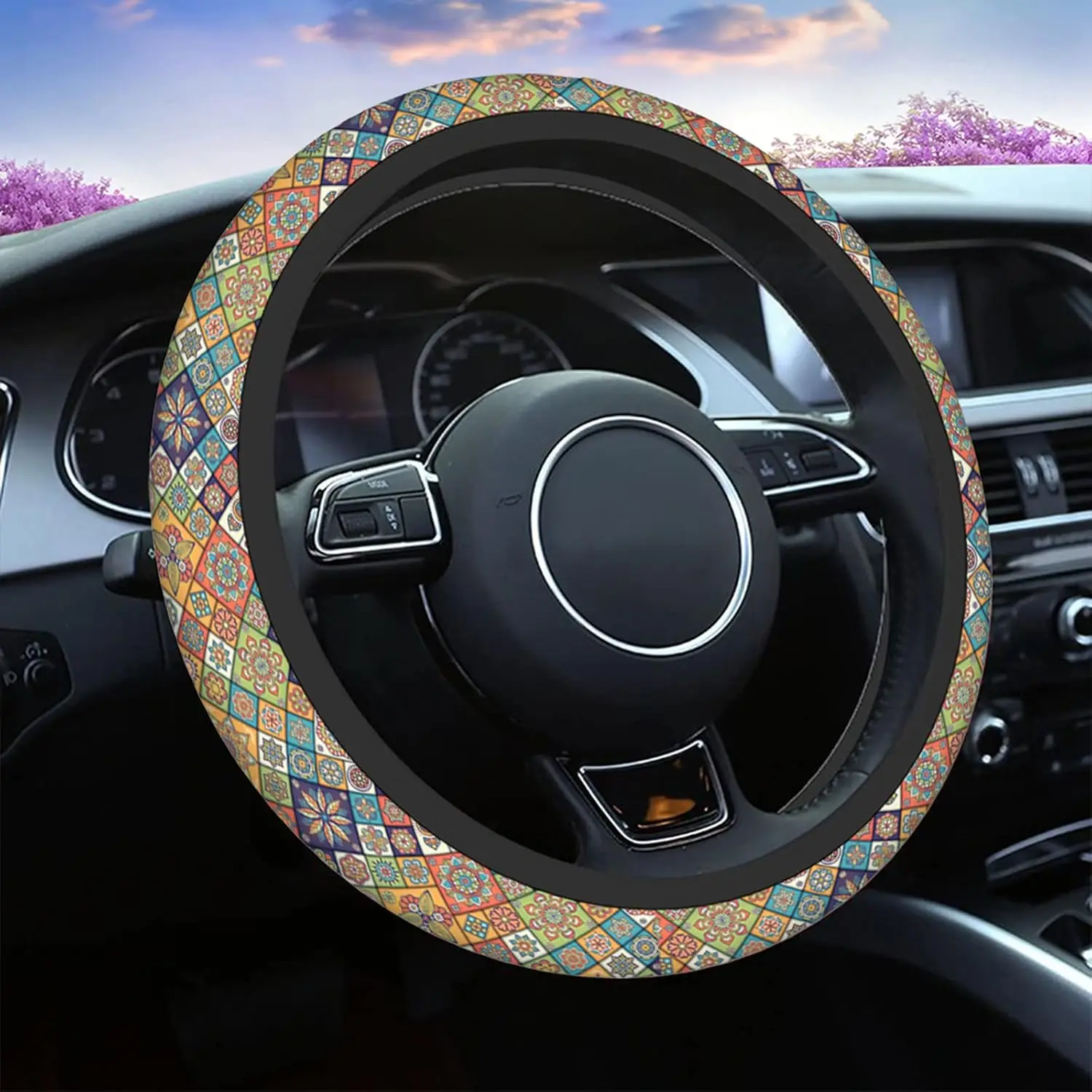 Oriental Tile Luxury Car Steering Wheel Cover Colorful Floral Patchwork Background Safe Driving Anti-Slip Steering Wheel C