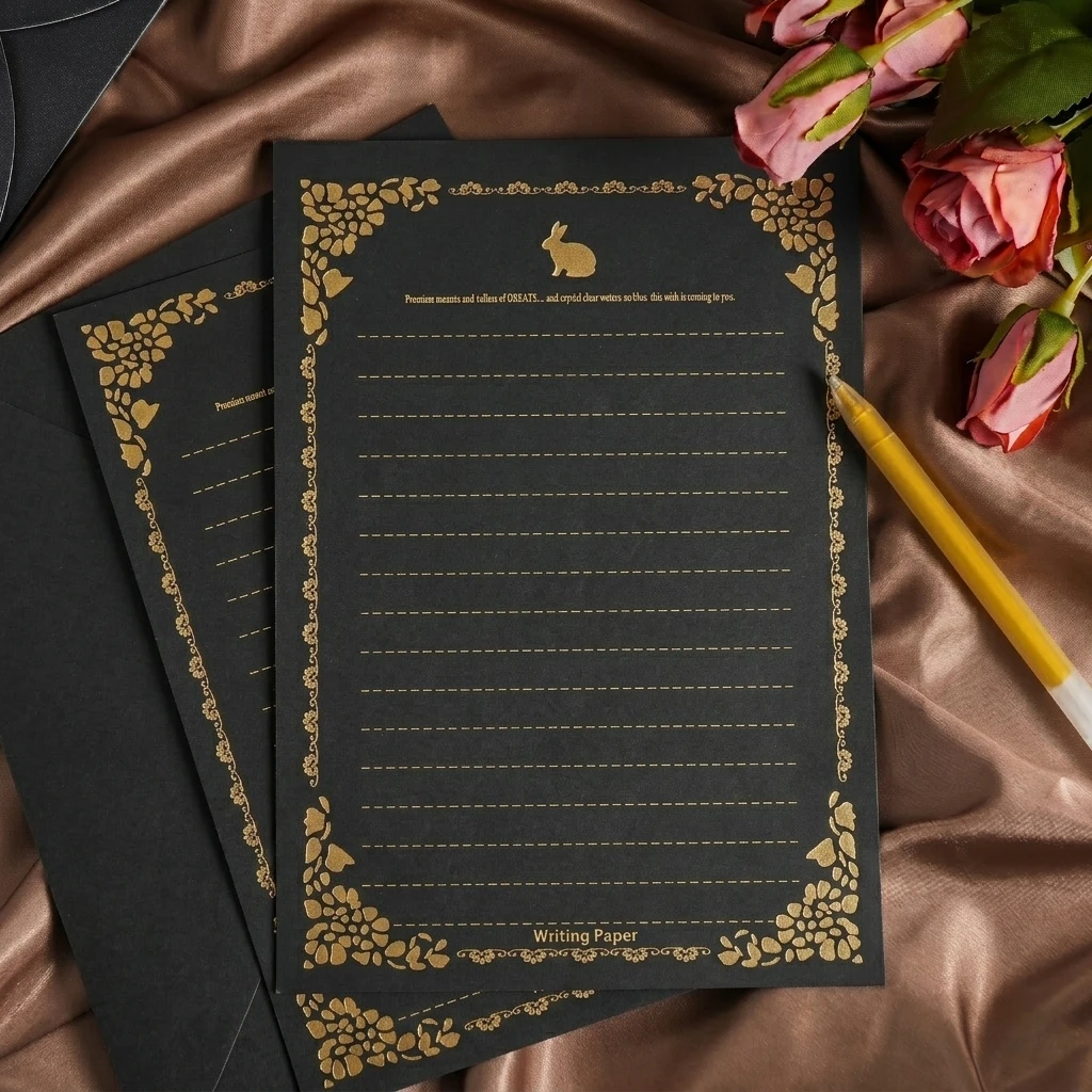 16PCS Luxury Gold Foil Rabbit Black Envelope Letter Set Romantic Love Confession for Girlfriend Valentine Wedding Birthday Party